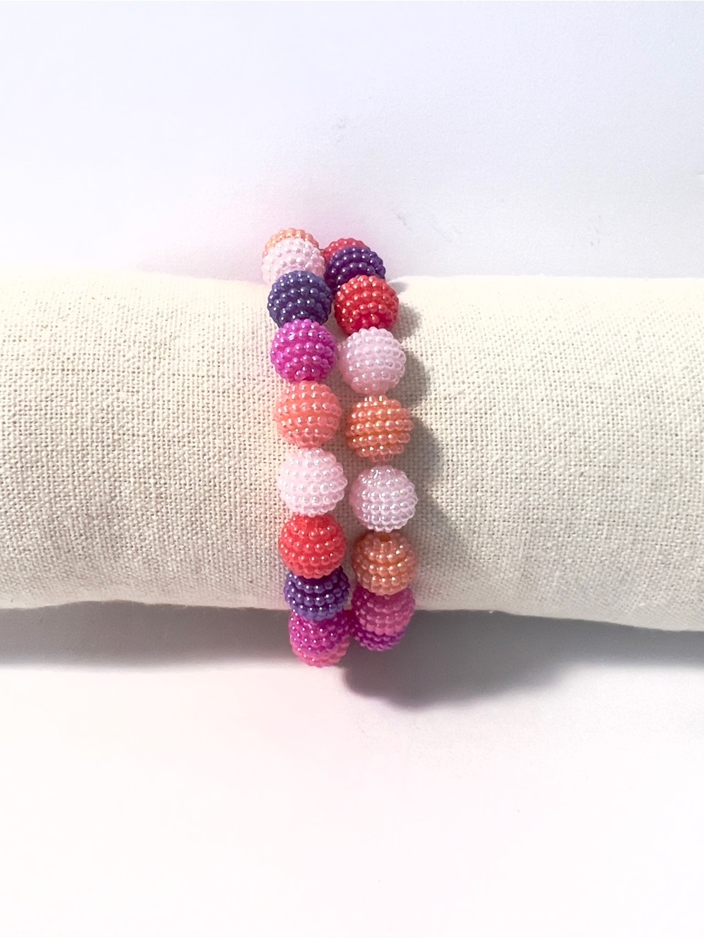 Handmade Pink & Purple Beaded Stretch Bracelets Set | Chunky Bubblegum Stack - Picture 2 of 3